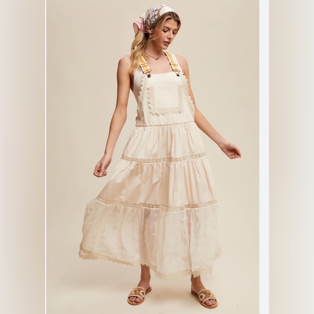 Women Bib Overall Babydoll Pinafore Embroidered Lace Straps Suspender Dress - Picture 4 of 16